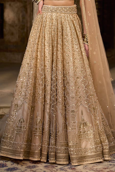 Shop_Cedar & Pine_Ivory Organza, Tulle Sequins, Embroidery, Beads And Gold Embellished Lehenga Set _Online_at_Aza_Fashions