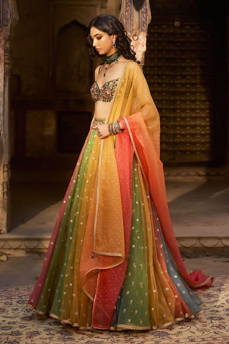 Buy_Cedar & Pine_Multi Color Organza, Tulle Sequins, Embroidery, Beads Sweetheart Lehenga Set _Online_at_Aza_Fashions