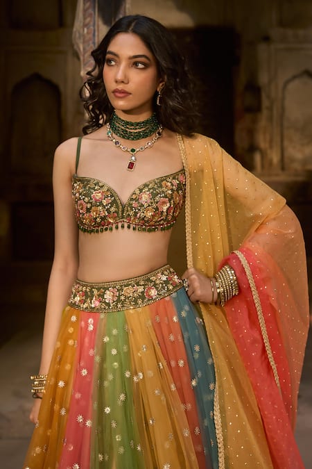 Shop_Cedar & Pine_Multi Color Organza, Tulle Sequins, Embroidery, Beads Sweetheart Lehenga Set _Online_at_Aza_Fashions