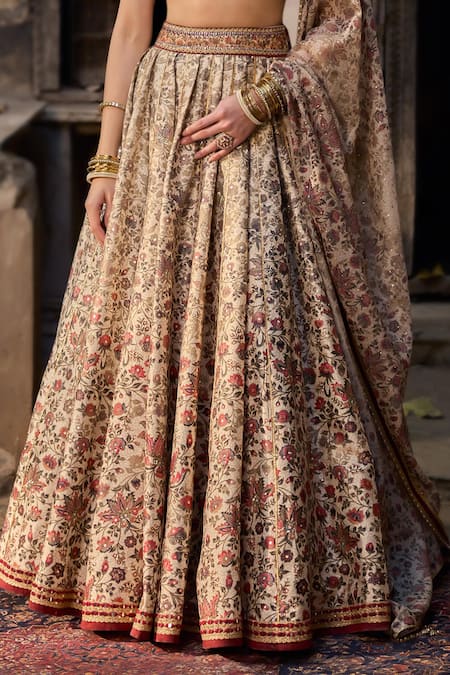 Cedar & Pine_Ivory Brocade, Organza, Silk Beads, Sequins Sweetheart Neck Floral Lehenga Set _Online_at_Aza_Fashions