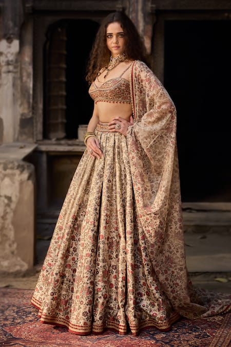 Shop_Cedar & Pine_Ivory Brocade, Organza, Silk Beads, Sequins Sweetheart Neck Floral Lehenga Set _Online_at_Aza_Fashions