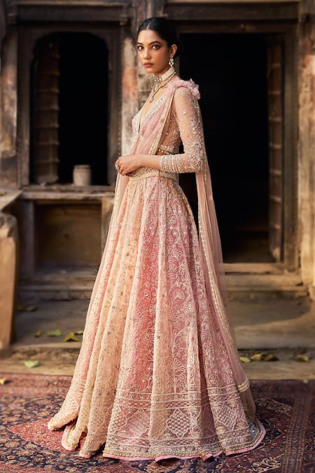 Buy_Cedar & Pine_Blush Organza, Tulle Sequins, Beads, Embroidery Pink Ghulzar Classic Lehenga Set _Online_at_Aza_Fashions