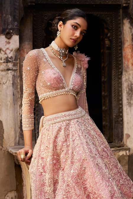 Shop_Cedar & Pine_Blush Organza, Tulle Sequins, Beads, Embroidery Pink Ghulzar Classic Lehenga Set _Online_at_Aza_Fashions