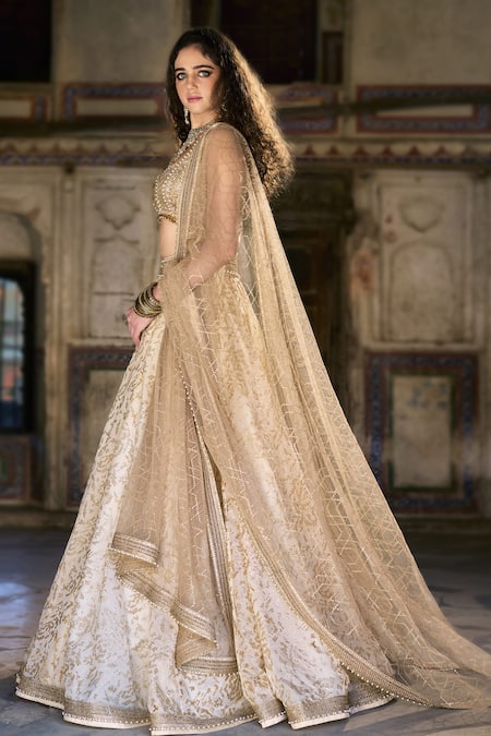 Cedar & Pine_Ivory Organza, Tulle Embroidery, Beads, Sequins Sweetheart And Gold Lehenga Set _Online_at_Aza_Fashions