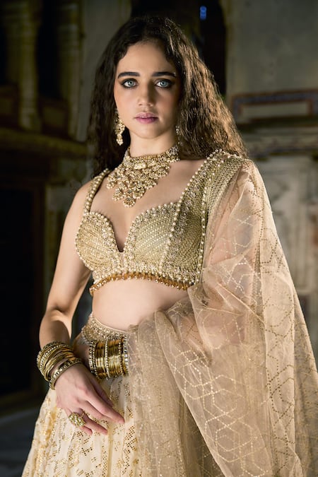 Buy_Cedar & Pine_Ivory Organza, Tulle Embroidery, Beads, Sequins Sweetheart And Gold Lehenga Set _Online_at_Aza_Fashions