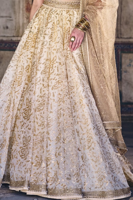 Shop_Cedar & Pine_Ivory Organza, Tulle Embroidery, Beads, Sequins Sweetheart And Gold Lehenga Set _Online_at_Aza_Fashions