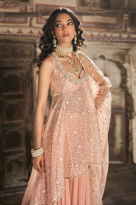 Buy Cedar & Pine Pink Organza, Chiffon, Net Sequins, Embroidery Round , Scoop Kurta Set Online at Aza Fashions Buy_Cedar & Pine_Pink Organza, Chiffon, Net Sequins, Embroidery Round , Scoop Kurta Set _Online_at_Aza_Fashions