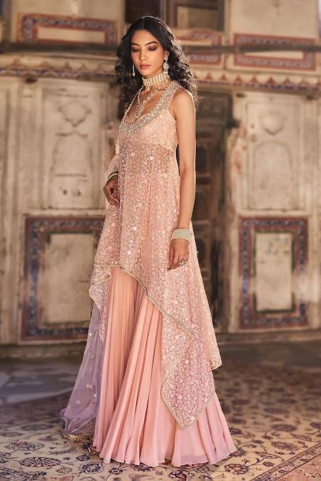 Shop Cedar & Pine Pink Organza, Chiffon, Net Sequins, Embroidery Round , Scoop Kurta Set Online at Aza Fashions Shop_Cedar & Pine_Pink Organza, Chiffon, Net Sequins, Embroidery Round , Scoop Kurta Set _Online_at_Aza_Fashions