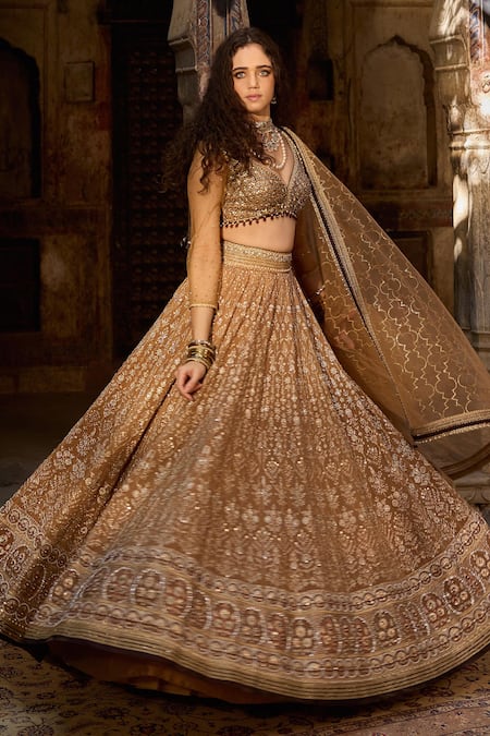 Buy_Cedar & Pine_Gold Organza, Georgette, Tulle Sequins, Beads, Embroidery Lehenga Set _Online_at_Aza_Fashions