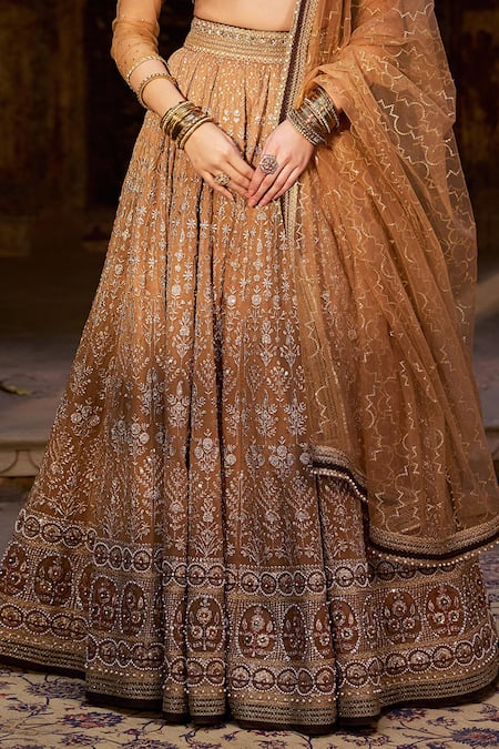 Shop_Cedar & Pine_Gold Organza, Georgette, Tulle Sequins, Beads, Embroidery Lehenga Set _Online_at_Aza_Fashions