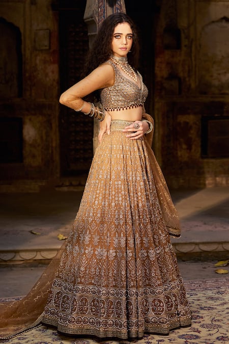 Cedar & Pine_Gold Organza, Georgette, Tulle Sequins, Beads, Embroidery Lehenga Set _at_Aza_Fashions