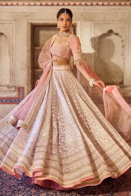 Cedar & Pine_Blush Organza, Silk, Tulle Sequins, Embroidery Square Neck Pink Lehenga Set _Online_at_Aza_Fashions