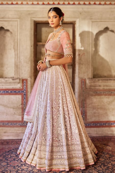 Shop_Cedar & Pine_Blush Organza, Silk, Tulle Sequins, Embroidery Square Neck Pink Lehenga Set _Online_at_Aza_Fashions