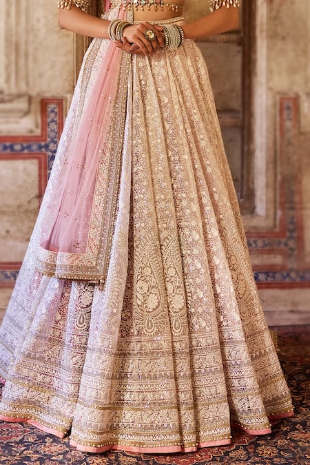 Cedar & Pine_Blush Organza, Silk, Tulle Sequins, Embroidery Square Neck Pink Lehenga Set _at_Aza_Fashions