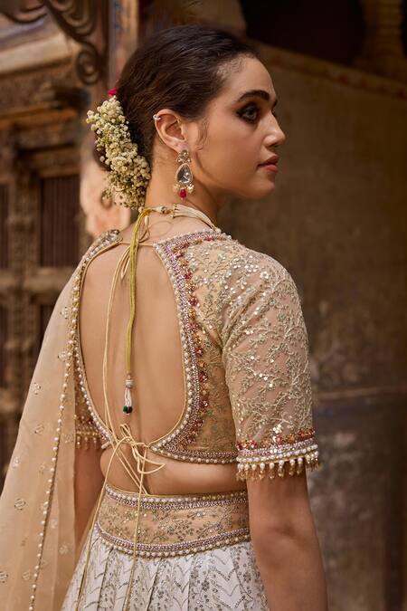 Buy_Cedar & Pine_Ivory Silk, Tulle, Organza Sequins, Embroidery Lehenga Set_Online_at_Aza_Fashions