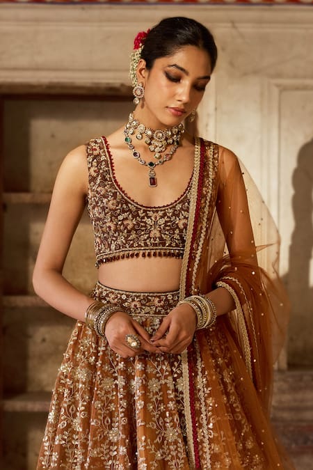 Cedar & Pine_Brown Organza, Silk Sequins, Embroidery Round Neck Gold Lehenga Set _Online_at_Aza_Fashions