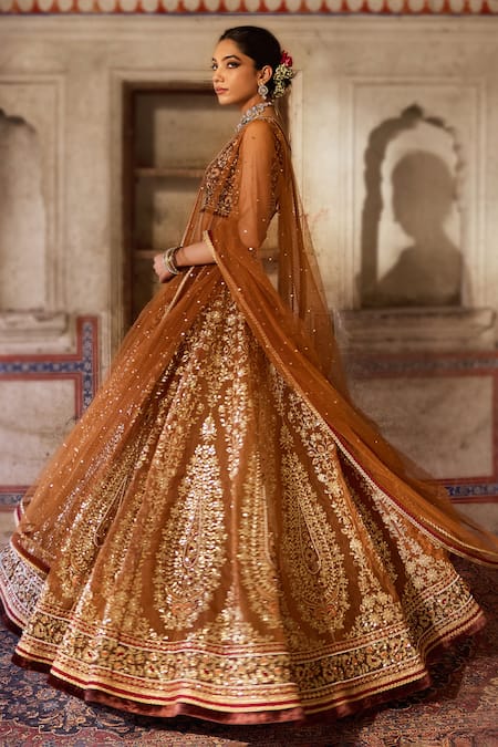 Buy_Cedar & Pine_Brown Organza, Silk Sequins, Embroidery Round Neck Gold Lehenga Set _Online_at_Aza_Fashions