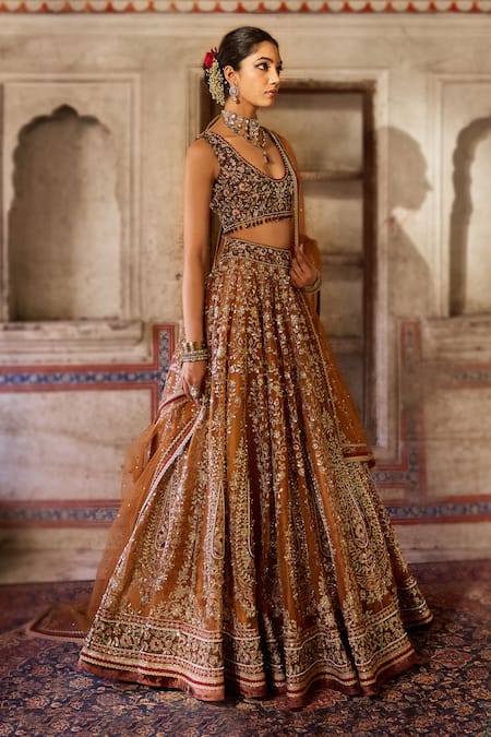 Shop_Cedar & Pine_Brown Organza, Silk Sequins, Embroidery Round Neck Gold Lehenga Set _Online_at_Aza_Fashions