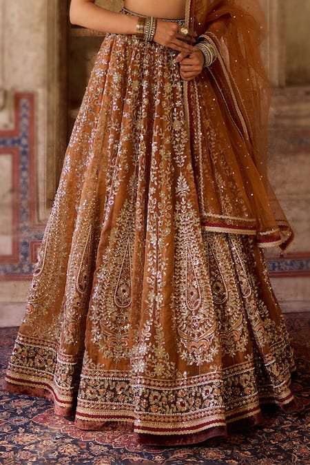 Cedar & Pine_Brown Organza, Silk Sequins, Embroidery Round Neck Gold Lehenga Set _at_Aza_Fashions