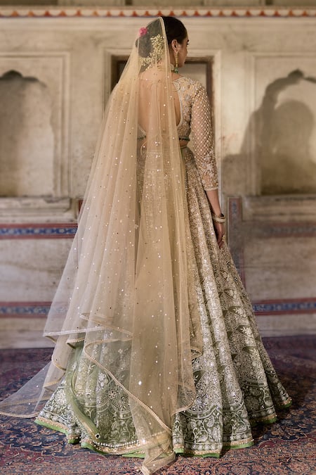 Cedar & Pine Ivory & Green Embroidered Lehenga Set 