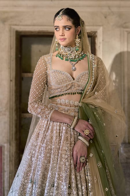 Cedar & Pine_Ivory Organza, Tulle Sequins, Zari, Embroidery Sweetheart And Green Lehenga Set _Online_at_Aza_Fashions