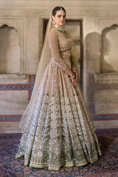 Buy_Cedar & Pine_Ivory Organza, Tulle Sequins, Zari, Embroidery Sweetheart And Green Lehenga Set _Online_at_Aza_Fashions