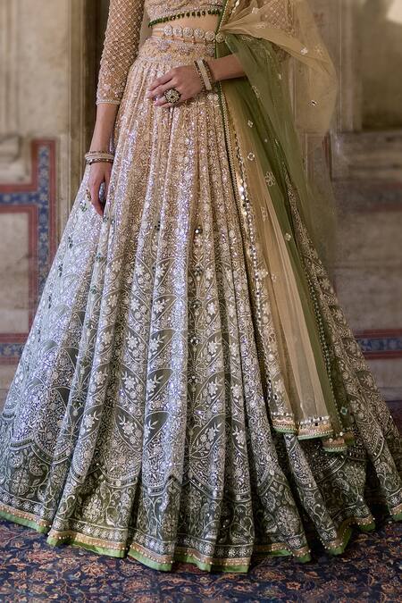 Shop_Cedar & Pine_Ivory Organza, Tulle Sequins, Zari, Embroidery Sweetheart And Green Lehenga Set _Online_at_Aza_Fashions