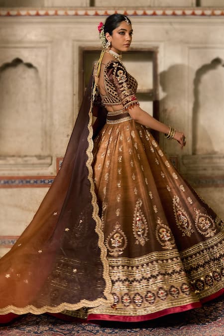 Cedar & Pine_Brown Silk, Organza, Velvet Sequins, Beads, Embroidery Round Raw Lehenga Set _Online_at_Aza_Fashions