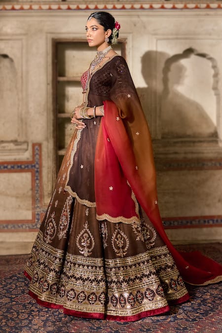 Buy_Cedar & Pine_Brown Silk, Organza, Velvet Sequins, Beads, Embroidery Round Raw Lehenga Set _Online_at_Aza_Fashions