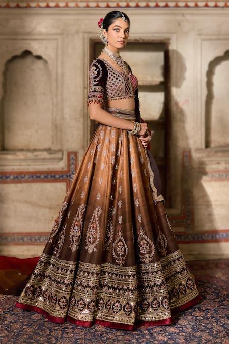 Cedar & Pine_Brown Silk, Organza, Velvet Sequins, Beads, Embroidery Round Raw Lehenga Set _at_Aza_Fashions