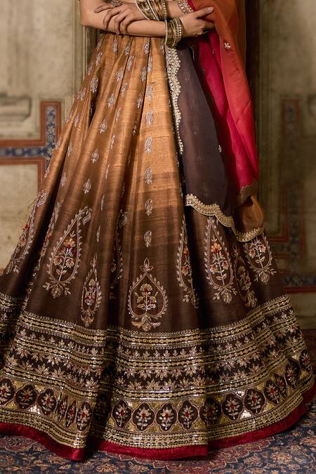 Buy_Cedar & Pine_Brown Silk, Organza, Velvet Sequins, Beads, Embroidery Round Raw Lehenga Set 