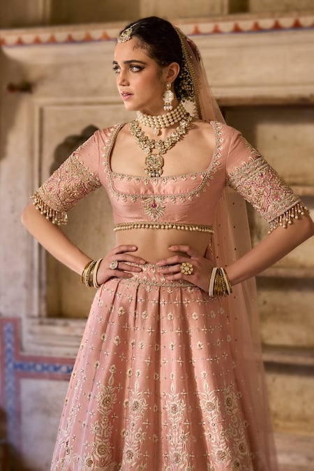 Cedar & Pine_Blush Silk, Organza Embroidery, Beads, Sequins Round Neck Pink Lehenga Set _Online_at_Aza_Fashions