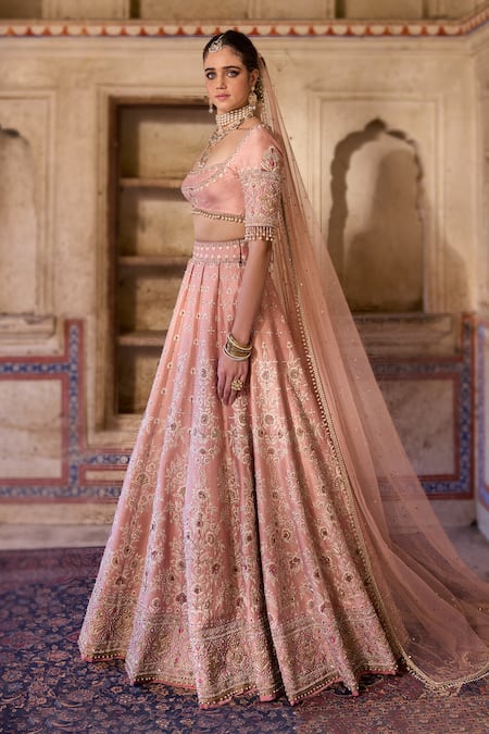 Buy_Cedar & Pine_Blush Silk, Organza Embroidery, Beads, Sequins Round Neck Pink Lehenga Set _Online_at_Aza_Fashions