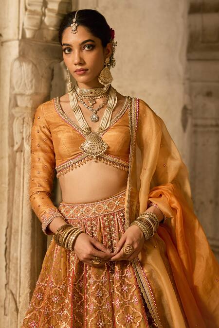 Cedar & Pine_Yellow Silk, Organza Sequins, Zari, Embroidery Round Neck Raw Lehenga Set _Online_at_Aza_Fashions