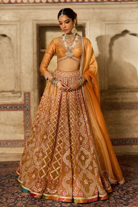Cedar & Pine Yellow Silk, Organza Sequins, Zari, Embroidery Round Neck Raw Lehenga Set 