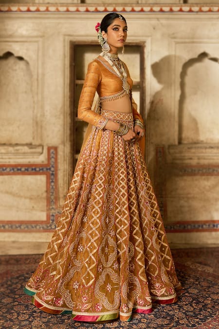 Buy_Cedar & Pine_Yellow Silk, Organza Sequins, Zari, Embroidery Round Neck Raw Lehenga Set _Online_at_Aza_Fashions