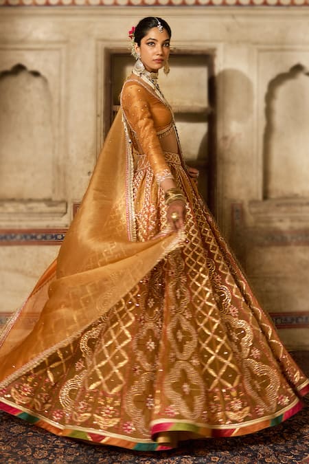 Shop_Cedar & Pine_Yellow Silk, Organza Sequins, Zari, Embroidery Round Neck Raw Lehenga Set _Online_at_Aza_Fashions
