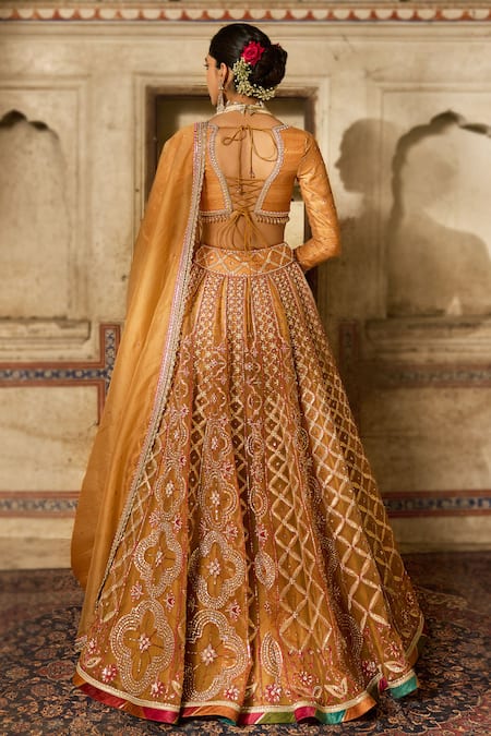 Cedar & Pine Embroidered Yellow Raw Silk Lehenga Set 