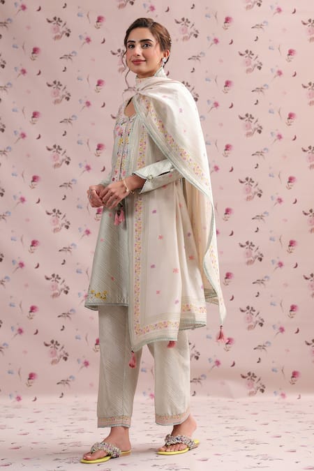 Label Niti Bothra_Green Brocade, Organza Embroidery Sage Noor Stripe Dupatta _Online_at_Aza_Fashions