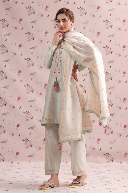 Shop_Label Niti Bothra_Green Brocade, Organza Embroidery Sage Noor Stripe Dupatta _Online_at_Aza_Fashions