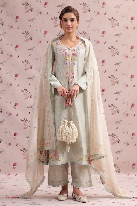 Label Niti Bothra Sage Green Noor Stripe Dupatta 