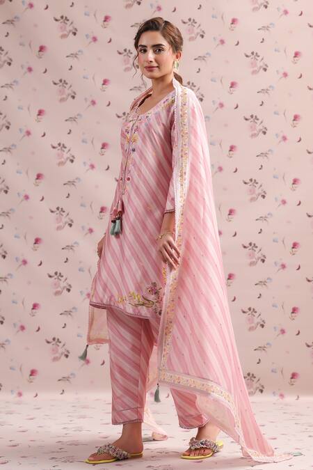 Label Niti Bothra_Pink Silk, Chanderi Tassels Noor Stripe Pattern Border Dupatta _at_Aza_Fashions
