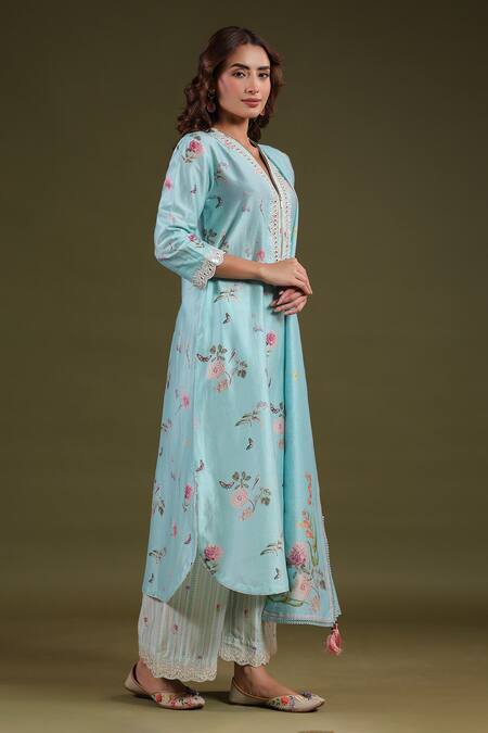 Shop_Label Niti Bothra_Blue Chanderi Tassels Noor Butti Silk Dupatta _Online_at_Aza_Fashions