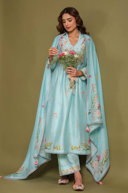 Label Niti Bothra_Blue Chanderi Tassels Noor Butti Silk Dupatta _at_Aza_Fashions