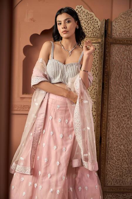 Tasuvure Indes_Pink Net Pearls, Sequins, Embroidery Round Neck Soft Lehenga Set _Online_at_Aza_Fashions