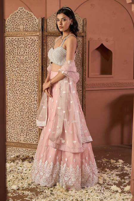 Buy_Tasuvure Indes_Pink Net Pearls, Sequins, Embroidery Round Neck Soft Lehenga Set _Online_at_Aza_Fashions
