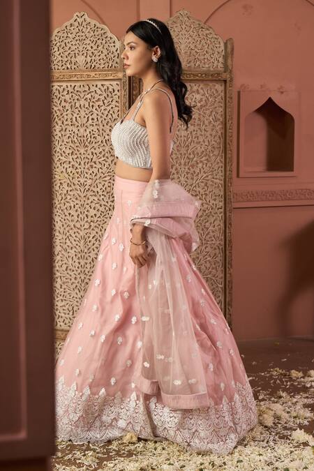 Shop_Tasuvure Indes_Pink Net Pearls, Sequins, Embroidery Round Neck Soft Lehenga Set _Online_at_Aza_Fashions