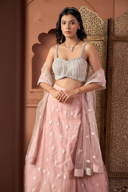 Tasuvure Indes_Pink Net Pearls, Sequins, Embroidery Round Neck Soft Lehenga Set _at_Aza_Fashions