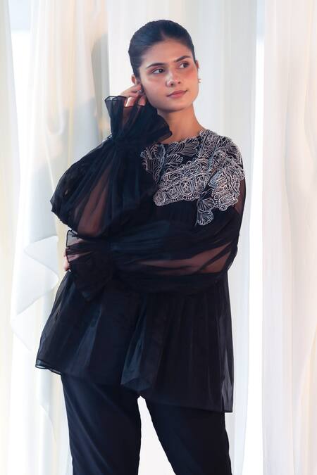 Buy_Aanchal Vijaywargi_Black Organza, Chanderi Embroidery Round Neck Grace Co-ord _Online_at_Aza_Fashions