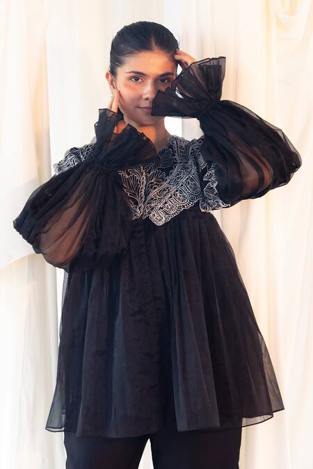 Shop_Aanchal Vijaywargi_Black Organza, Chanderi Embroidery Round Neck Grace Co-ord _Online_at_Aza_Fashions